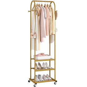 Kaitiemoo heavy-duty clothing rack with wheels, front view, showcasing gold finish and stability.