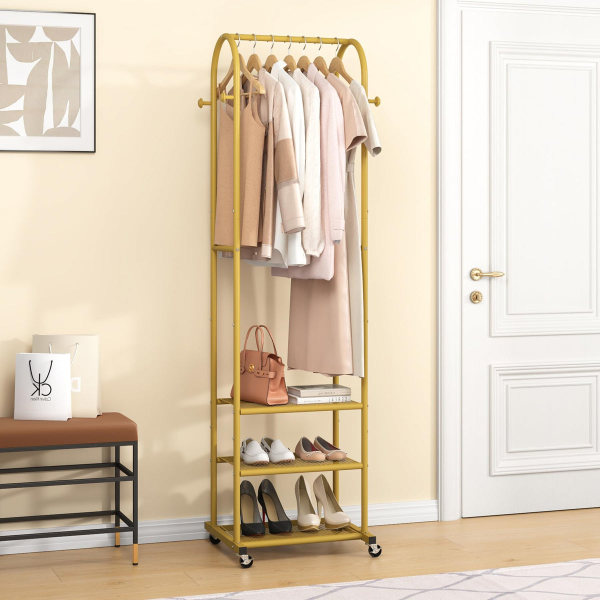Kaitiemoo versatile garment rack for multiple room setups and storage.