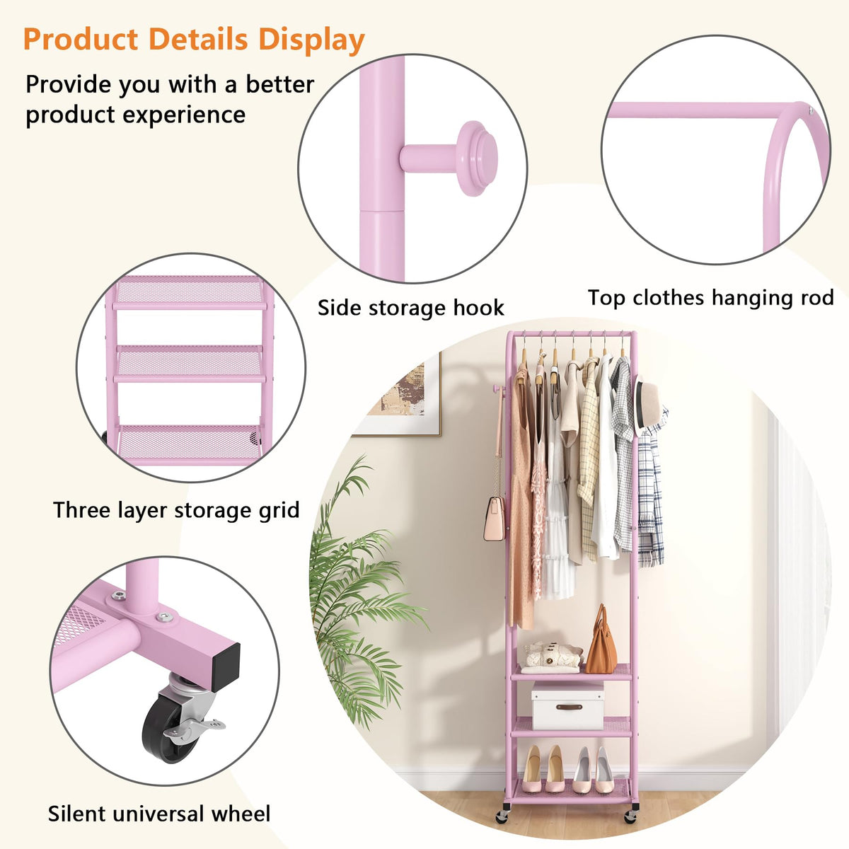 Kaitiemoo pink clothing rack detail Hanging rod for garments