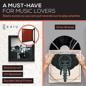Kaiu vinyl record frame open with magnetic hinges for easy LP swap.