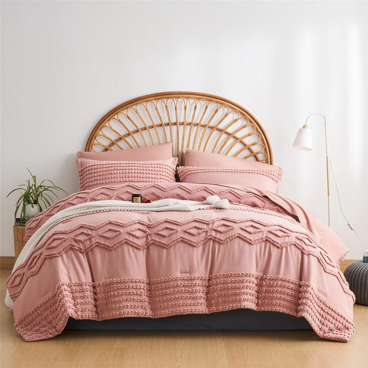 KAKIJUMN blush pink tufted comforter with pom pom accents adds charm