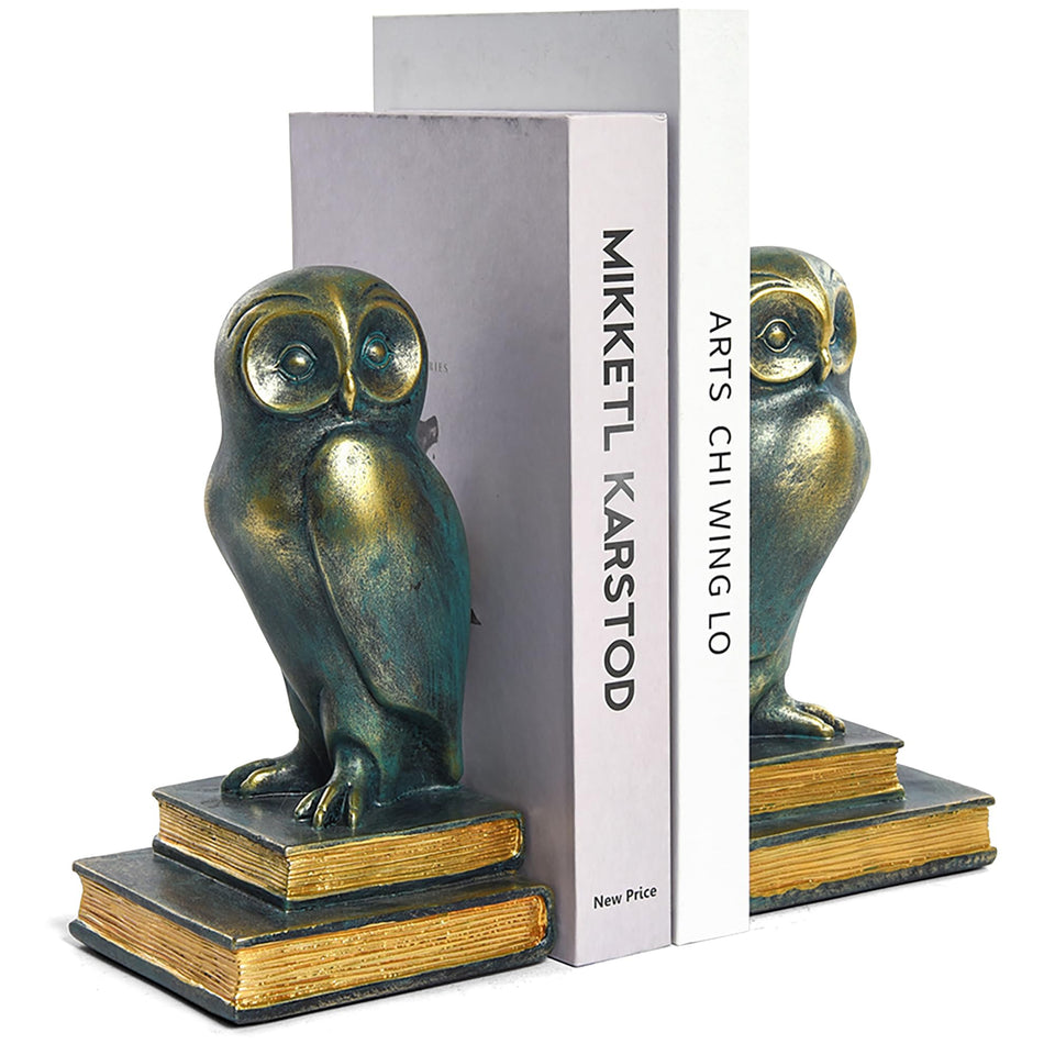 Kakizzy Bronze Owl Bookends front view on shelf showing decorative stability.