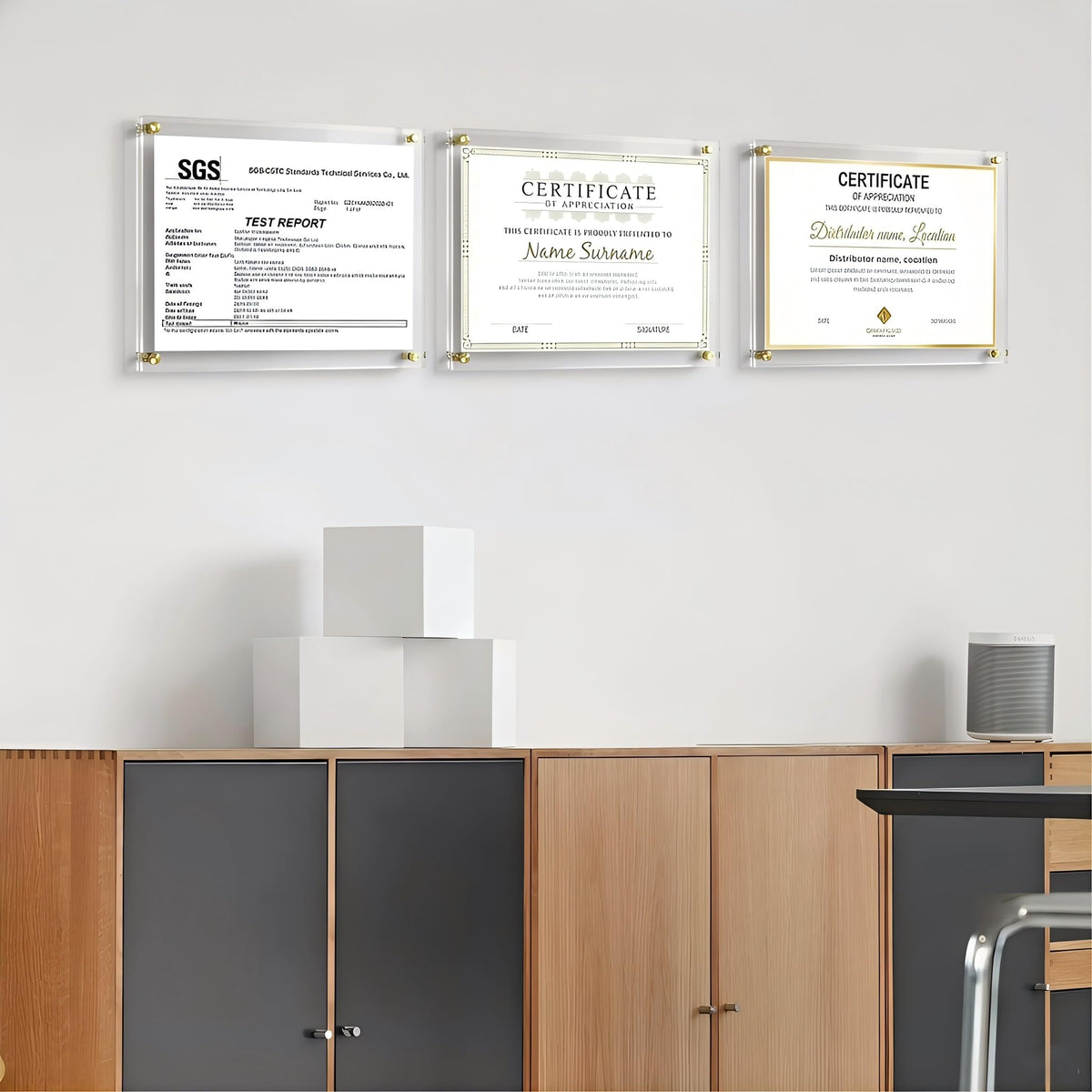 Kalami frameless clear diploma display mounted on wall for professional look