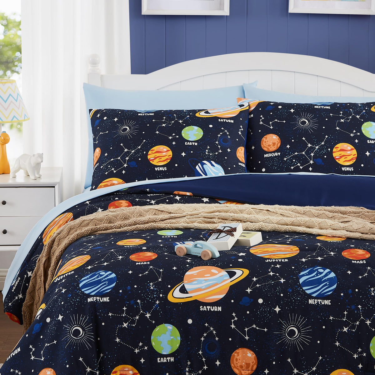 Kaleido Space full-size-comforter-76x86 fits standard full beds securely.