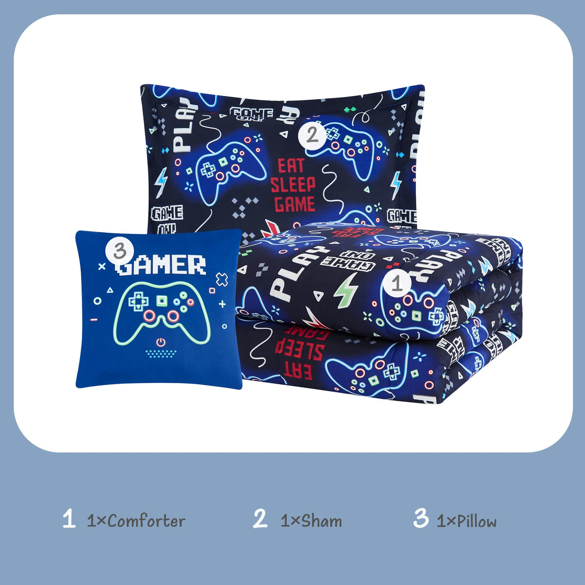 Kaleido Space gamer themed bedding enhances sleep space and room decor.