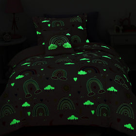 Kaleido Space pink rainbow pattern brightens a kid's room.
