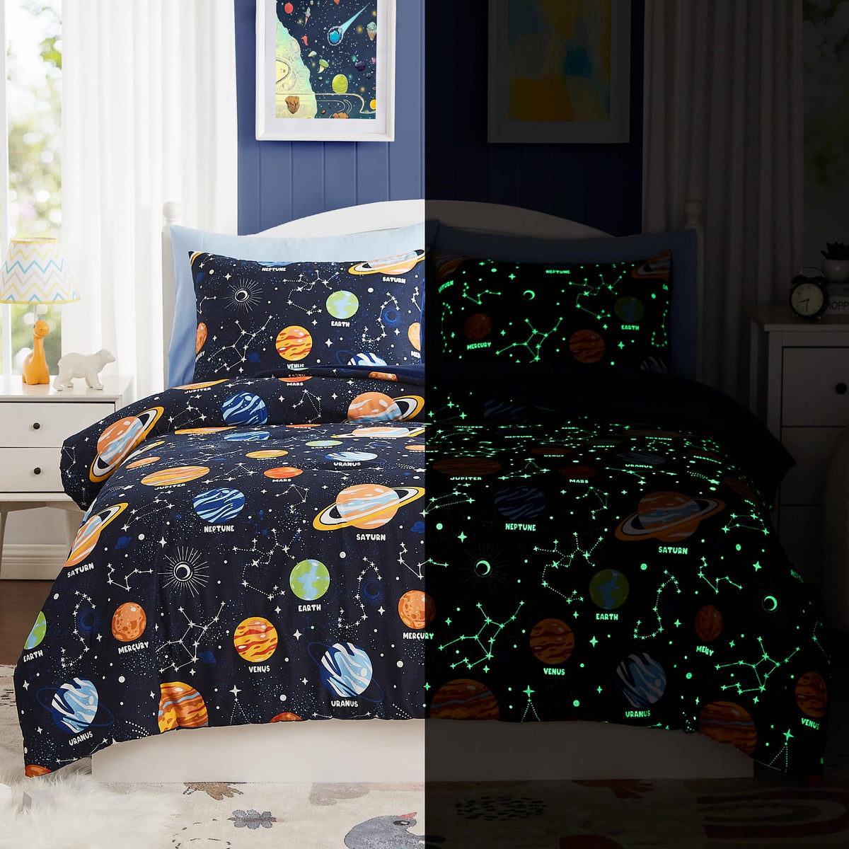 Kaleido Space queen kids comforter set arranged on a bed for a cozy sleep space.