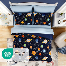 Kaleido Space two pillowcases 20x30 shown beside the sheets for easy setup.