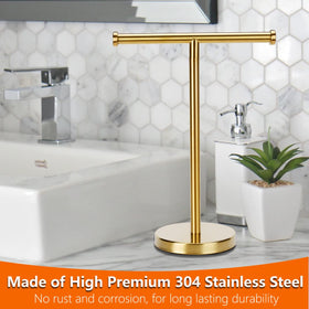 Kalitro gold towel rack assembly demonstrates quick setup without wall drilling.
