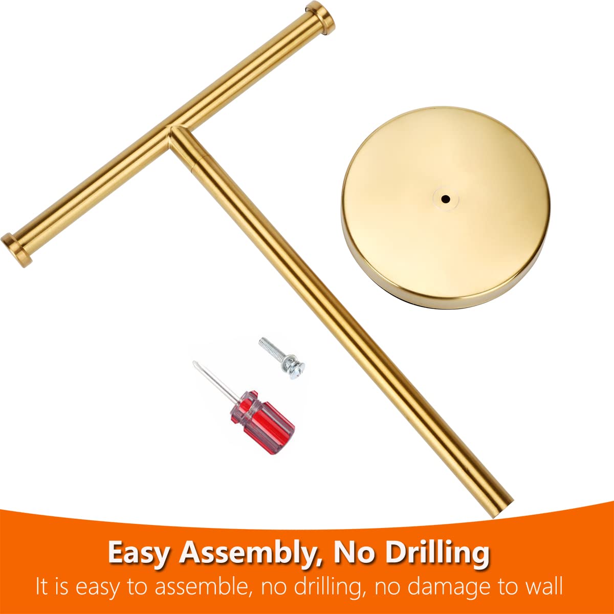 Kalitro gold towel rack free-standing design allows flexible placement.