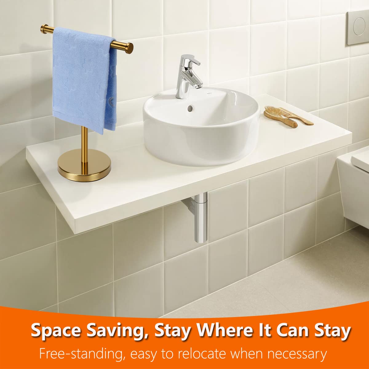 Kalitro gold towel rack weighted base provides anti tip stability for towels.
