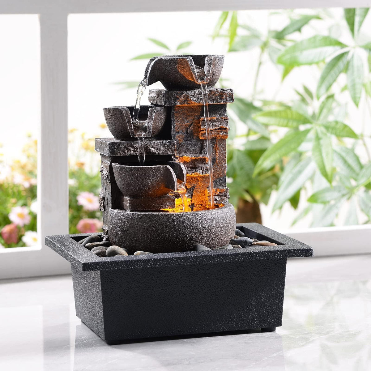 Kalona Decor Desktop Fountain with castle stone appearance for tranquil decor.