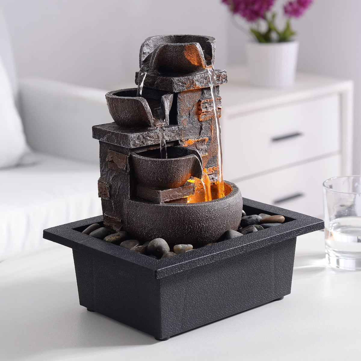 Kalona Decor Desktop Fountain four-tier cascade providing gentle ambient water sound.