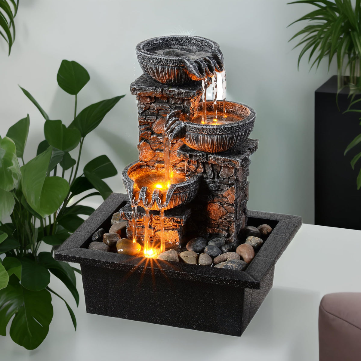 Kalona tabletop fountain with three bowls and LED light for calming desk ambience.