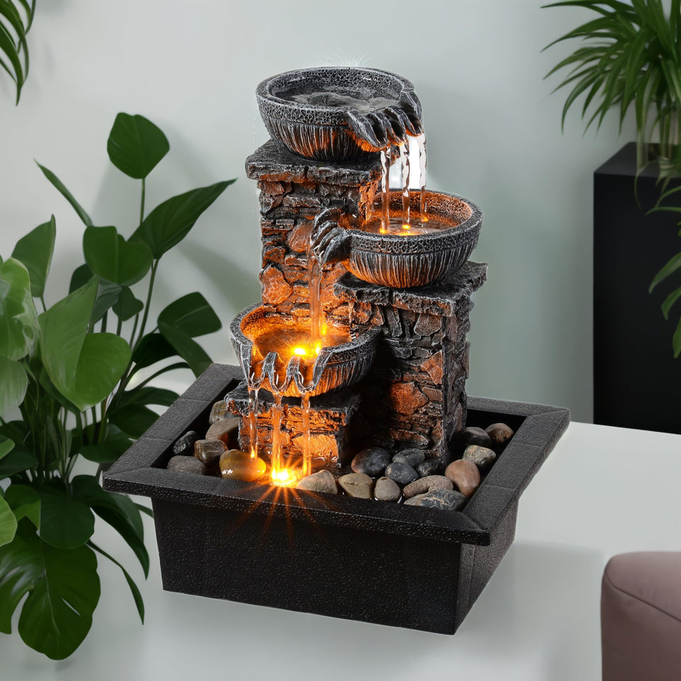 Kalona tabletop fountain with three bowls and LED light for calming desk ambience.