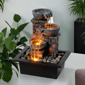 Kalona tabletop fountain with three bowls and LED light for calming desk ambience.