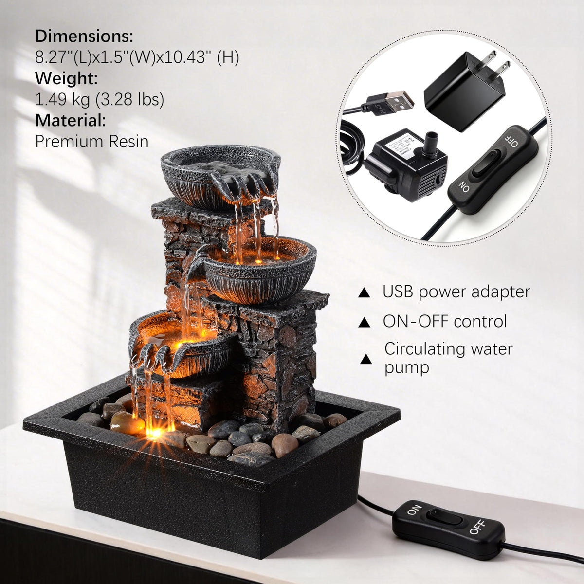 Kalona tabletop fountain in castle-rock design enhances natural ambience.
