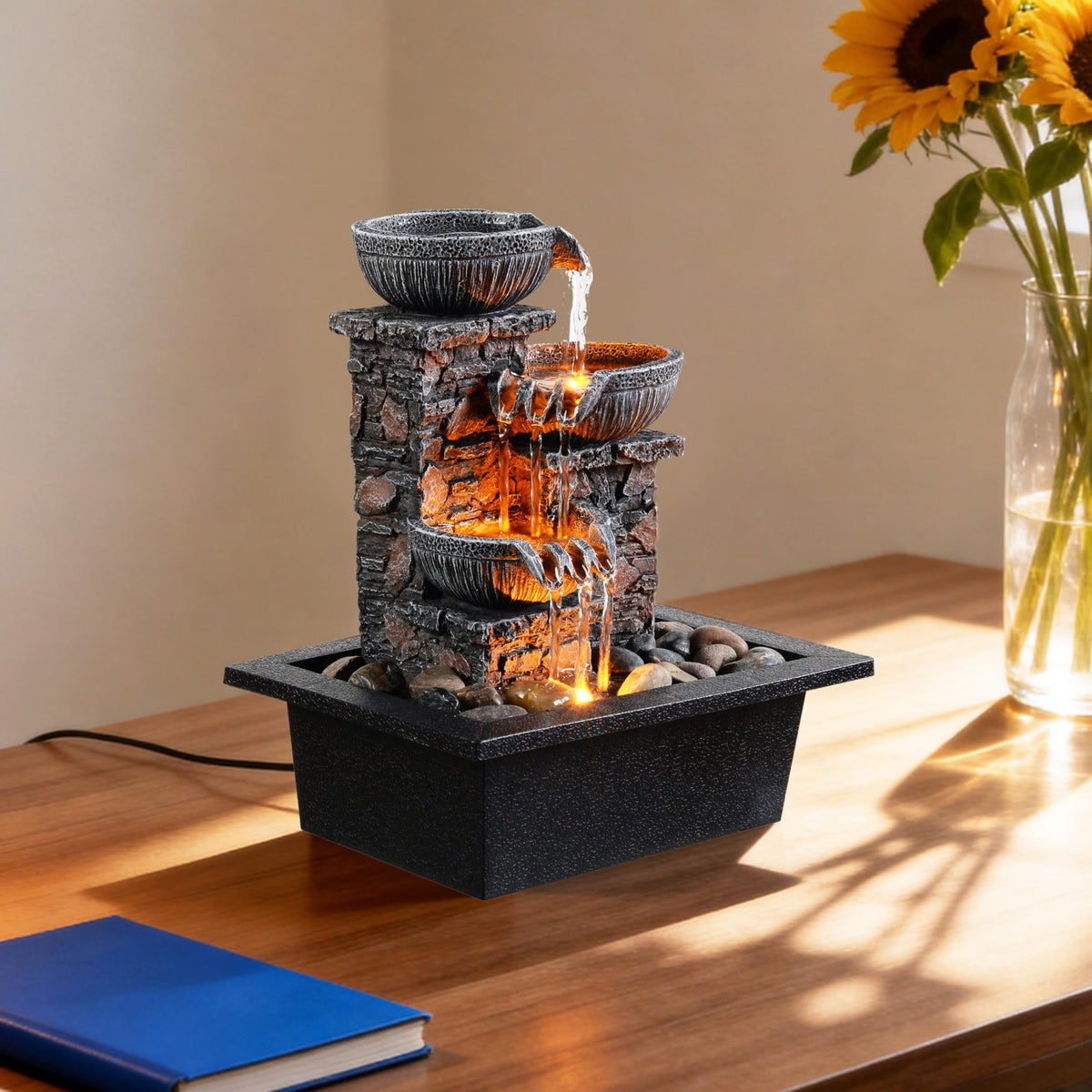 Kalona tabletop fountain measures 21x16x26 cm for compact spaces.