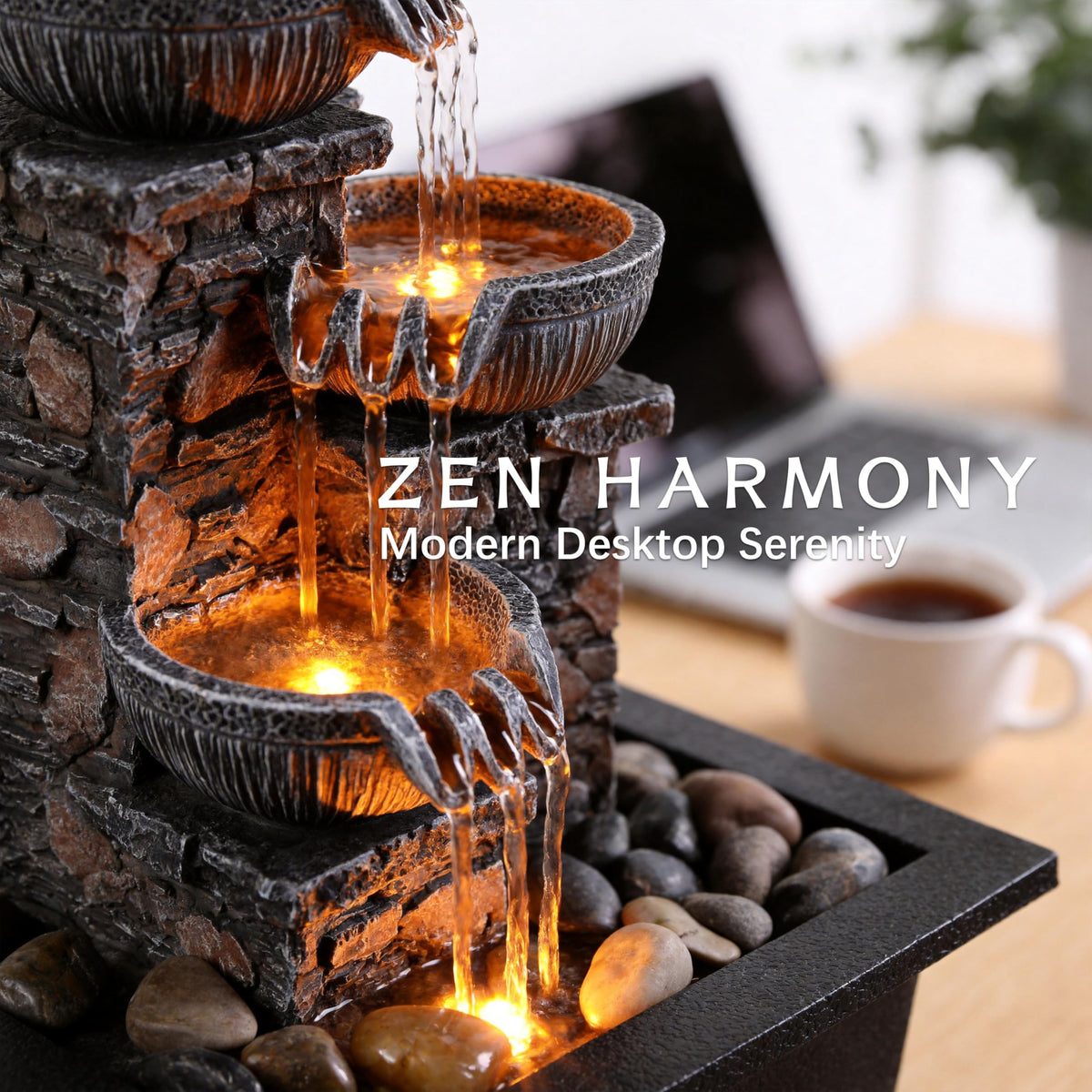 Kalona LED-lit fountain provides warm ambience and light.