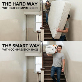 KaloTidy mattress vacuum bag with orange straps securing a mattress during moving