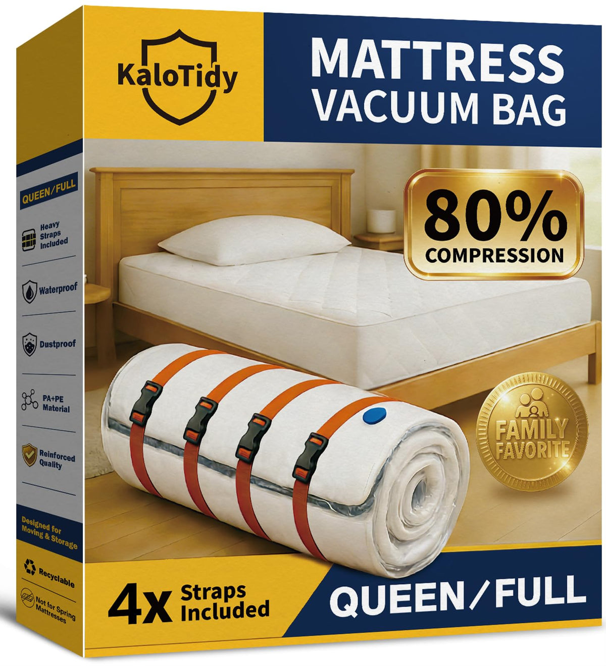 KaloTidy memory-foam mattress vacuum bag closed for compact storage and ease of transport