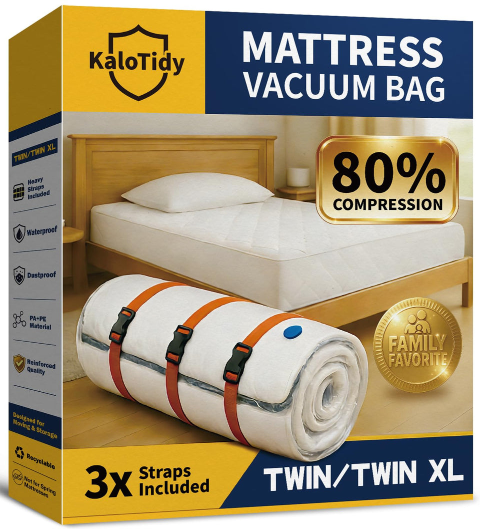 KaloTidy memory foam mattress vacuum bag in twin-xl size for compact storage