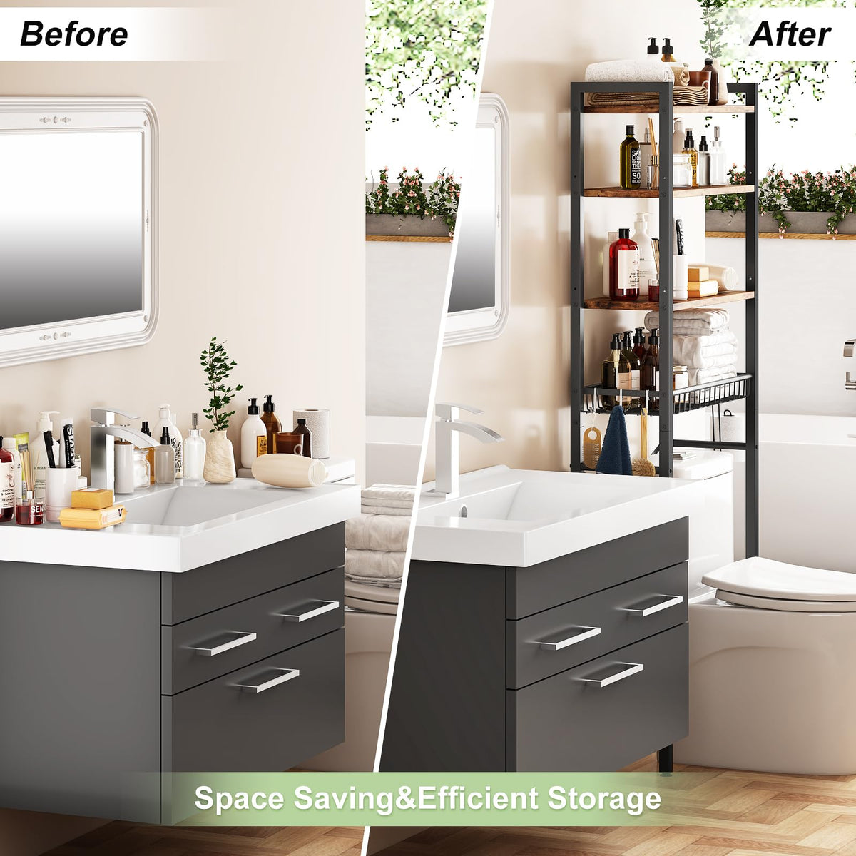 Kalrin four-tier bathroom shelf maximizes vertical storage for towels and essentials.
