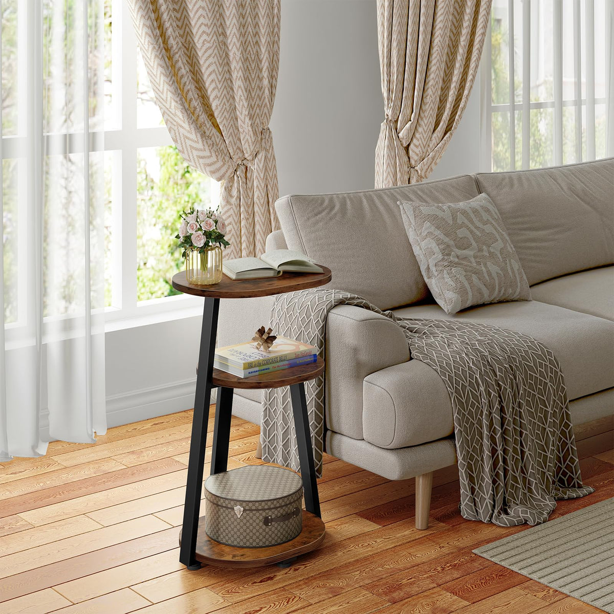 Kalrin oval side table wood-textured top adds warm decor.