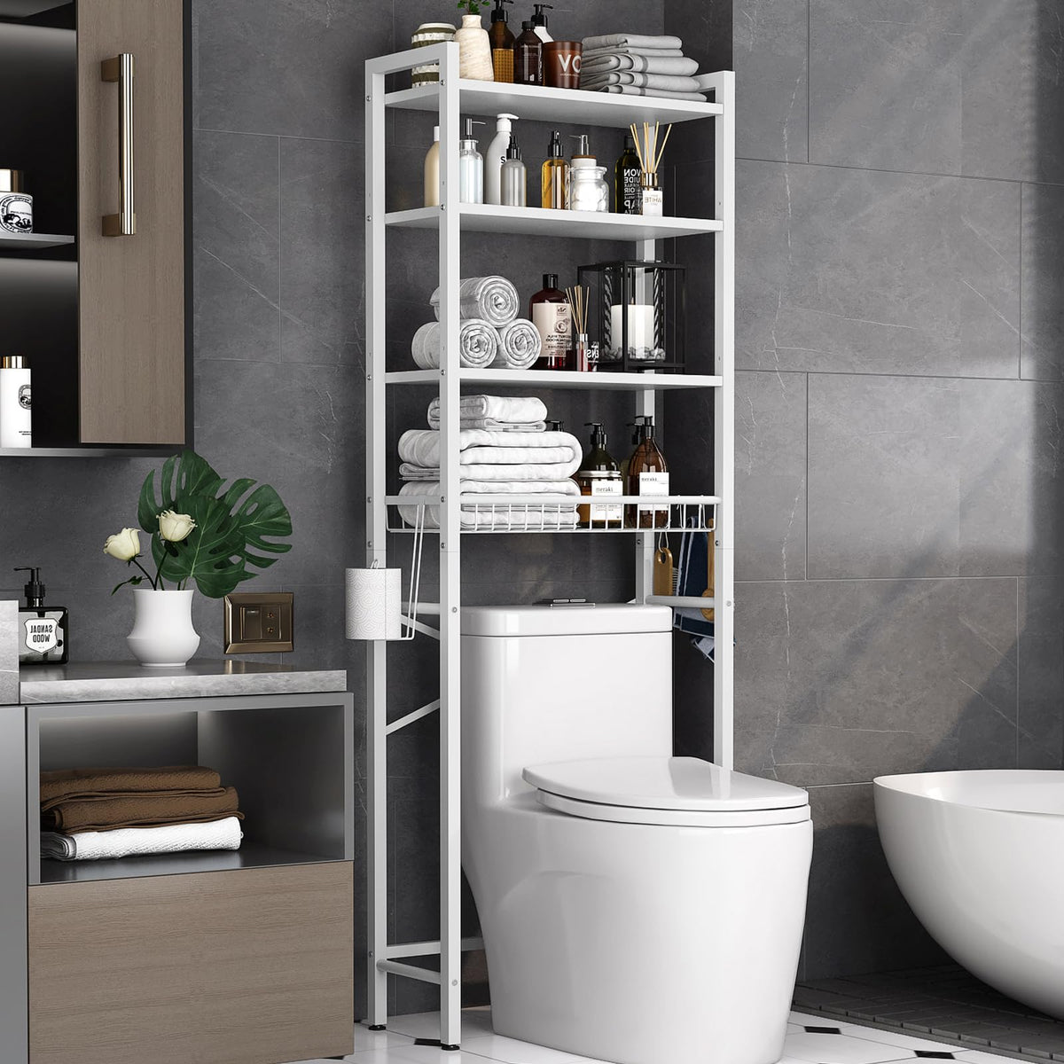 Kalrin over-the-toilet storage rack four-tier shelves organize bathroom essentials.