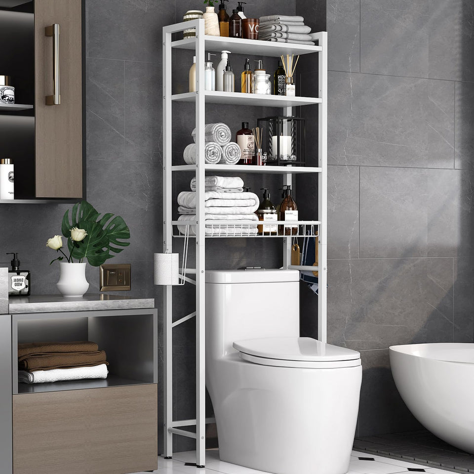Kalrin over-the-toilet storage rack four-tier shelves organize bathroom essentials.