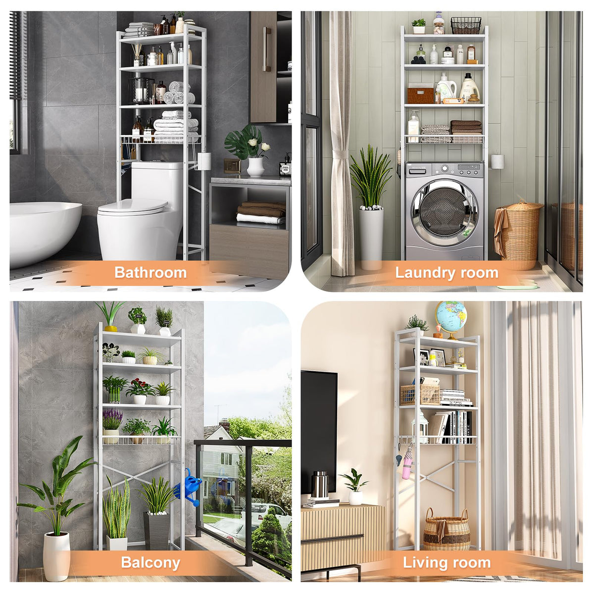 Kalrin rack features basket and hooks for versatile bathroom organization.