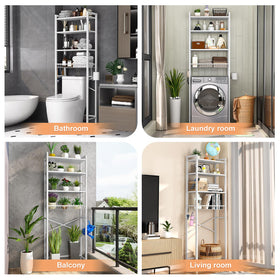 Kalrin rack features basket and hooks for versatile bathroom organization.
