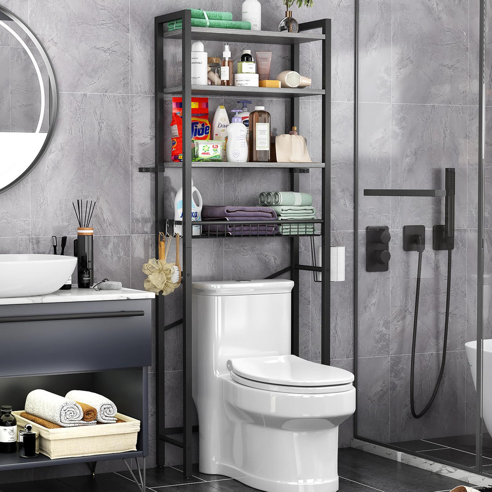 Kalrin over-the-toilet storage rack featuring four tiers for compact bathroom organization.
