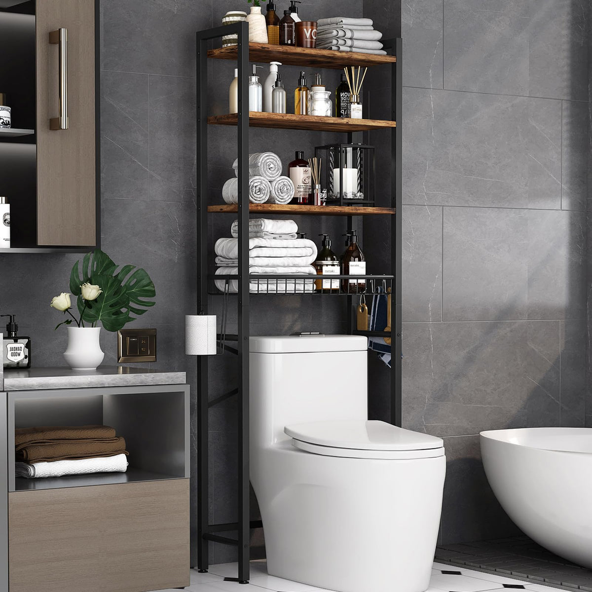 Kalrin over-the-toilet storage rack organizes small spaces above the toilet with open shelves.