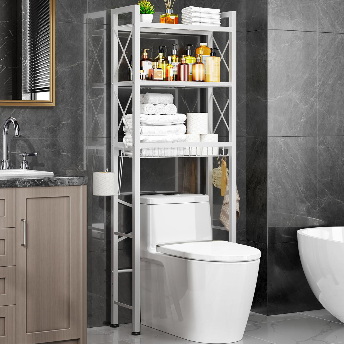 Kalrin over-the-toilet storage with X-shape guardrail keeps items secure and upright.