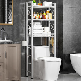 Kalrin over-the-toilet storage with X-shape guardrail keeps items secure and upright.