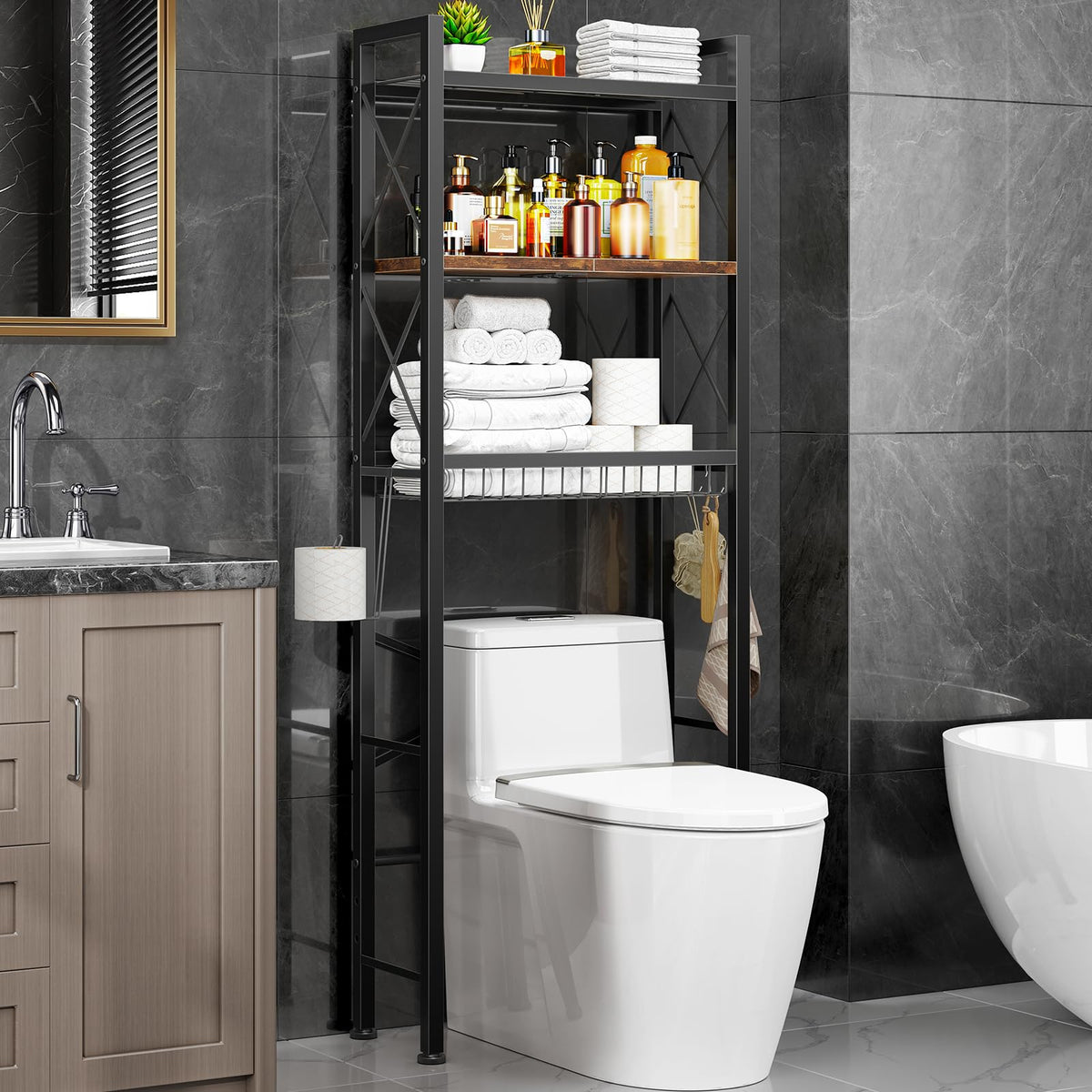 Kalrin over-the-toilet storage with X guardrail keeps essentials neatly organized and safe
