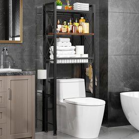 Kalrin over-the-toilet storage with X guardrail keeps essentials neatly organized and safe