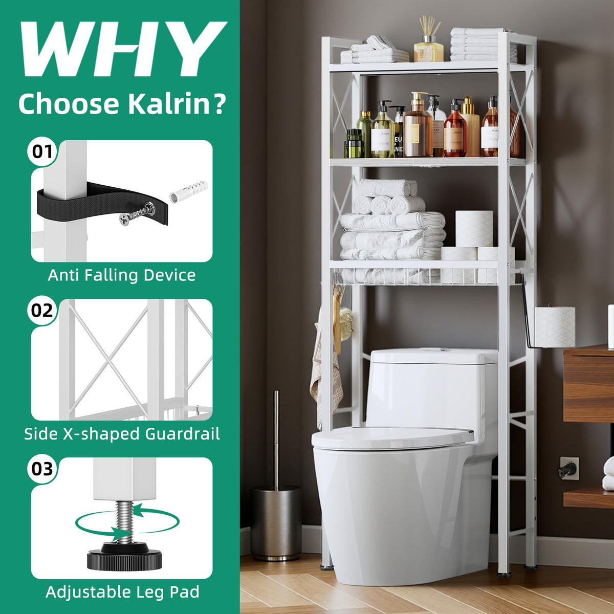 Kalrin three-tier bathroom organizer provides vertical storage in compact spaces.