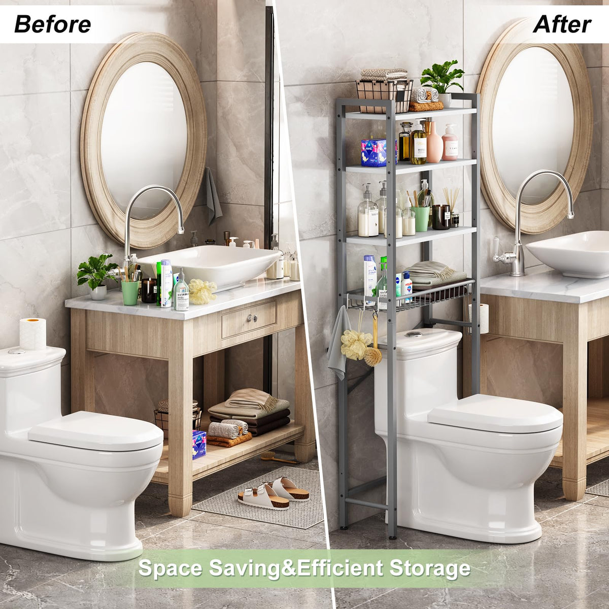 Kalrin wooden adjustable shelves adapt to tall items in small bathrooms.