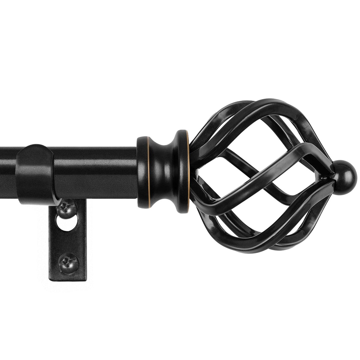 KAMANINA black curtain rod with twisted cage finials brightens a modern living room.