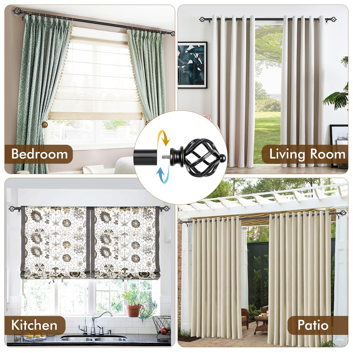 KAMANINA sturdy black metal rod supports lightweight to medium drapes with durability.