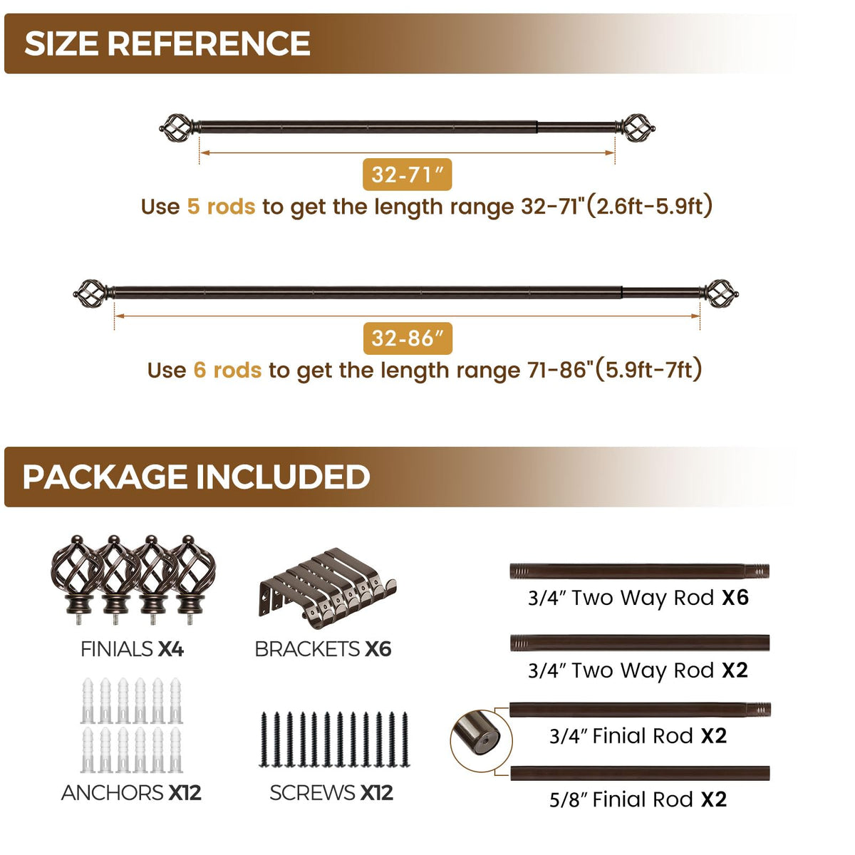 KAMANINA bronze curtain rod brackets provide secure wall mounting.