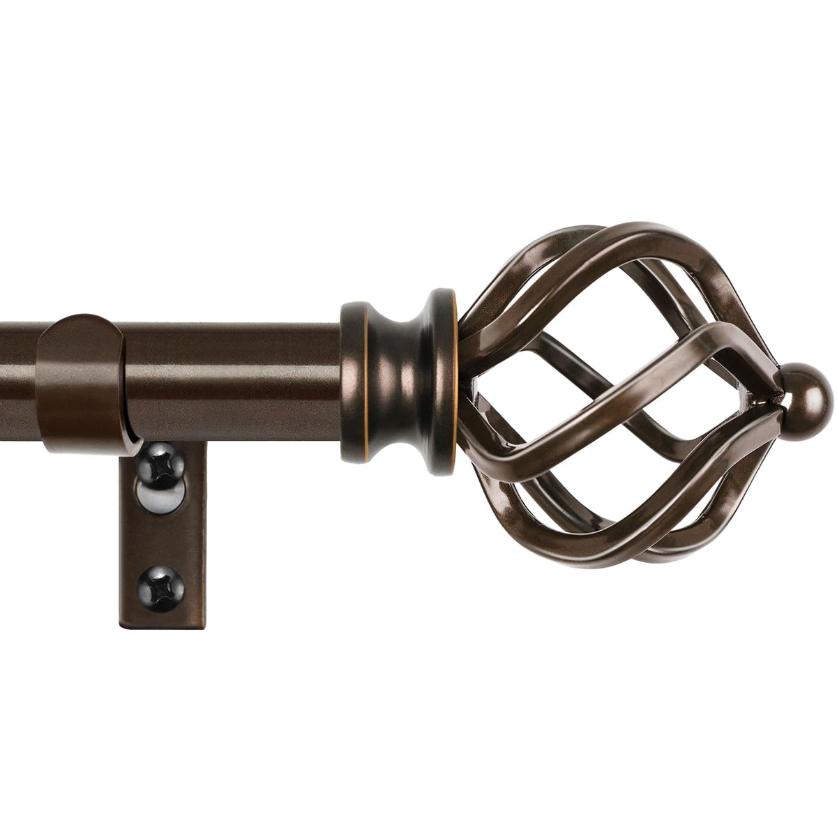 KAMANINA twisted cage finial on bronze rod enhances decor and style.