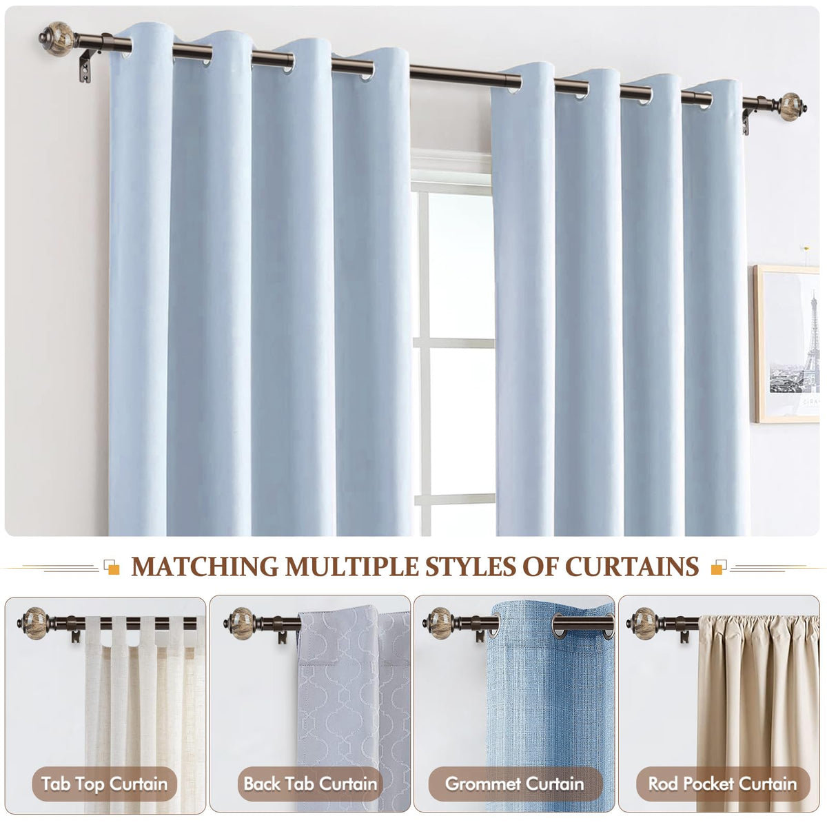 KAMANINA 1 inch diameter rod supports curtains up to 22 lbs.