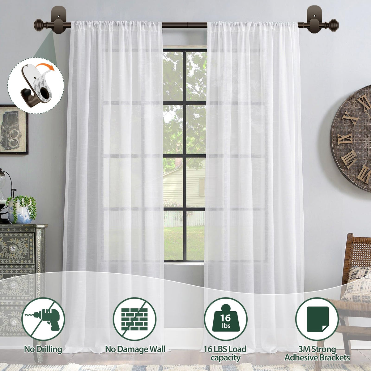 KAMANINA adjustable bronze curtain rod shows 32 to 86 inch length.