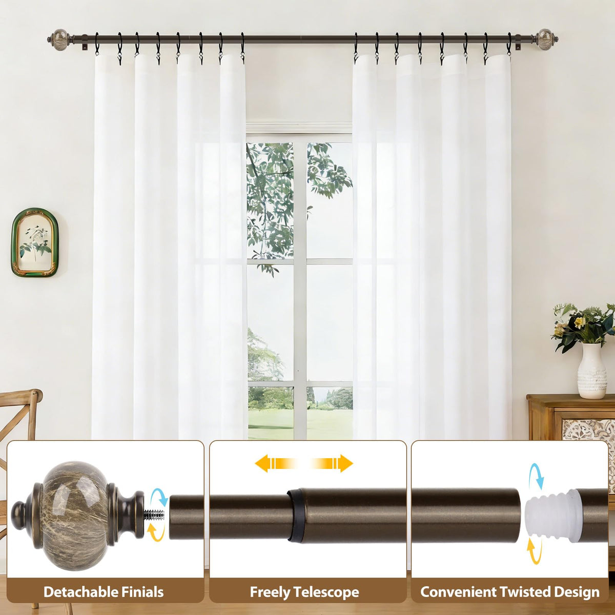 KAMANINA curtain rod in antique bronze finish adds classic charm.