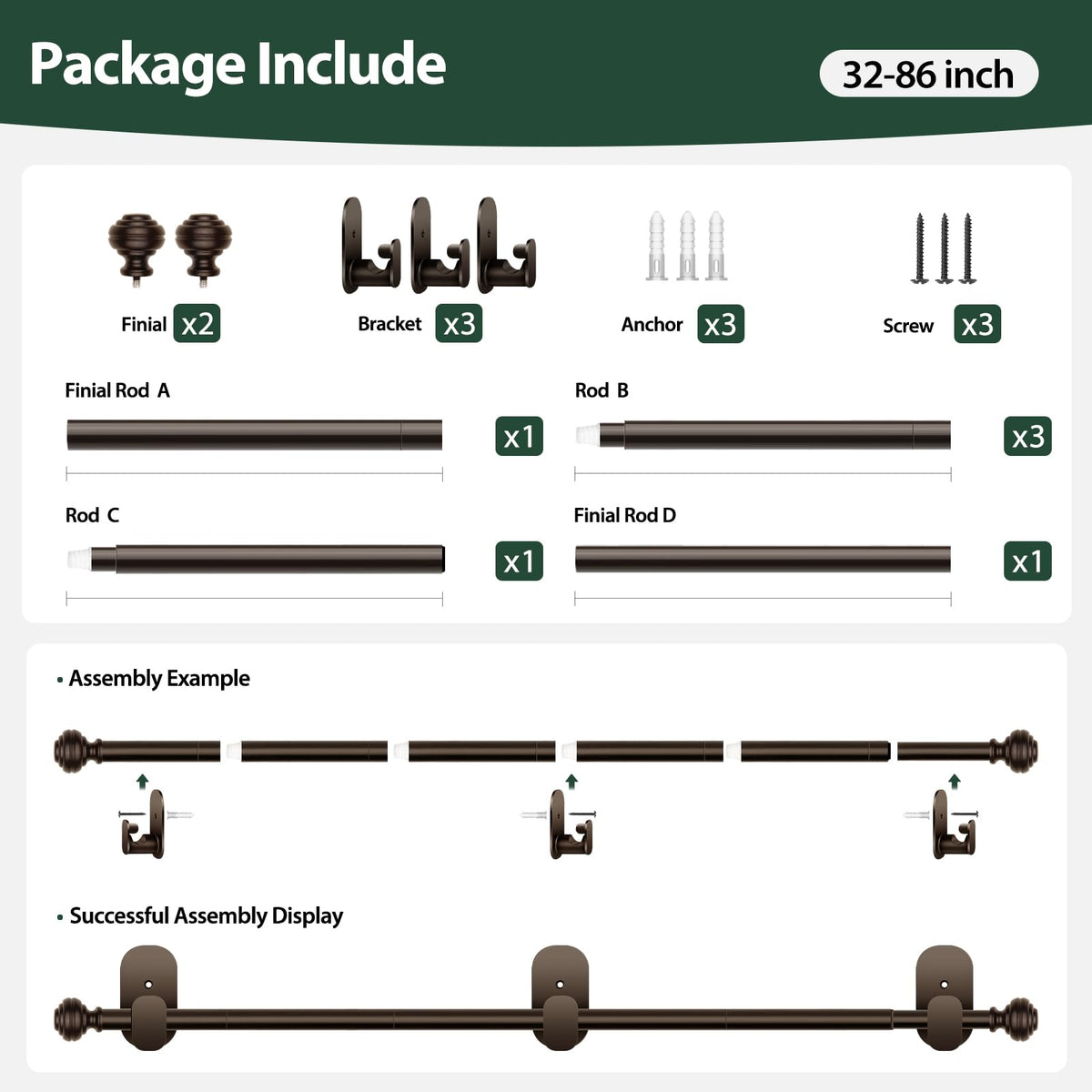 KAMANINA contents package includes rods, brackets, screws, and finials.