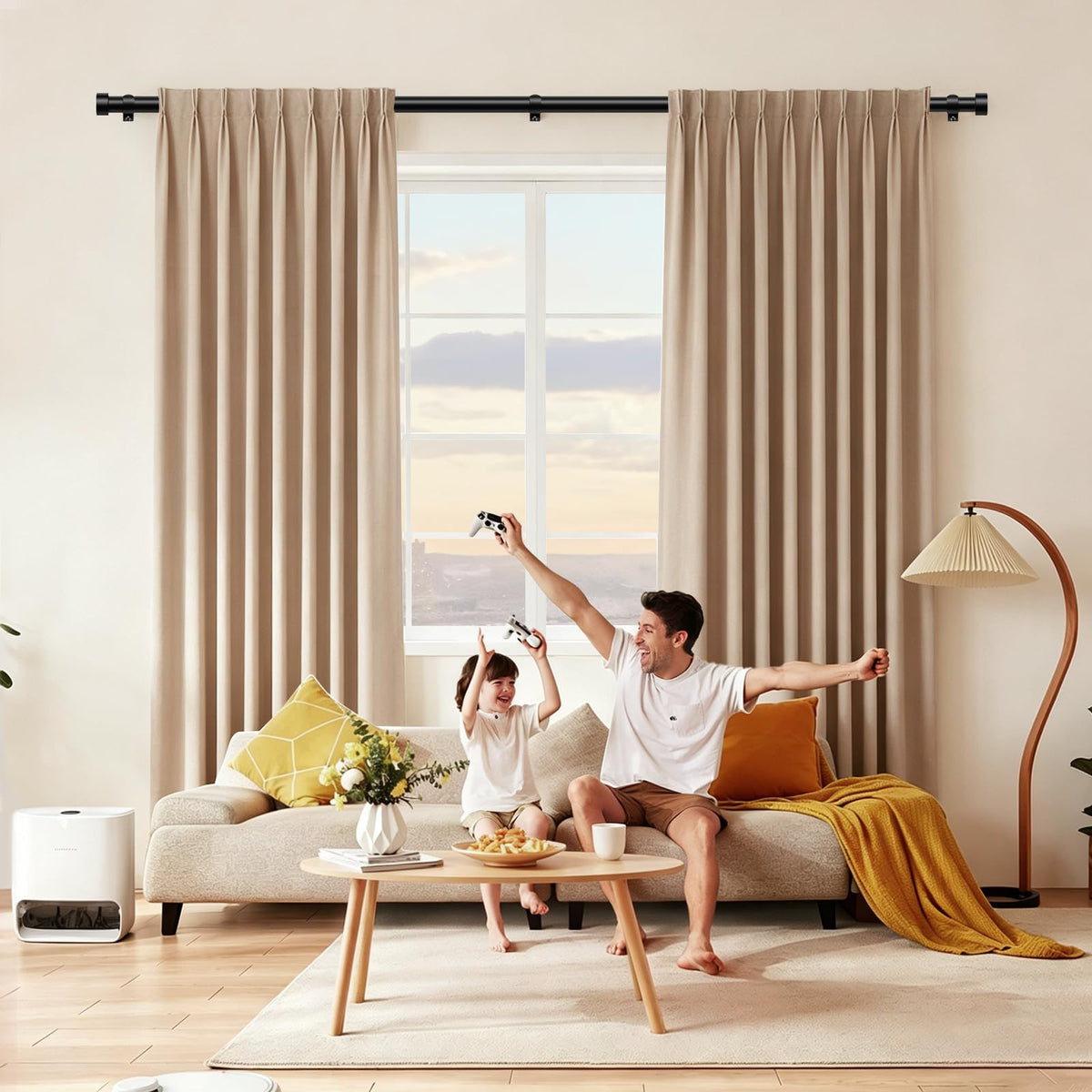 KAMANINA curtain rods 2-pack mounted in living room with matte black finish
