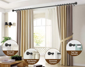 KAMANINA curtain rods extended length demonstrate adjustable range from 32 to 86 inches.